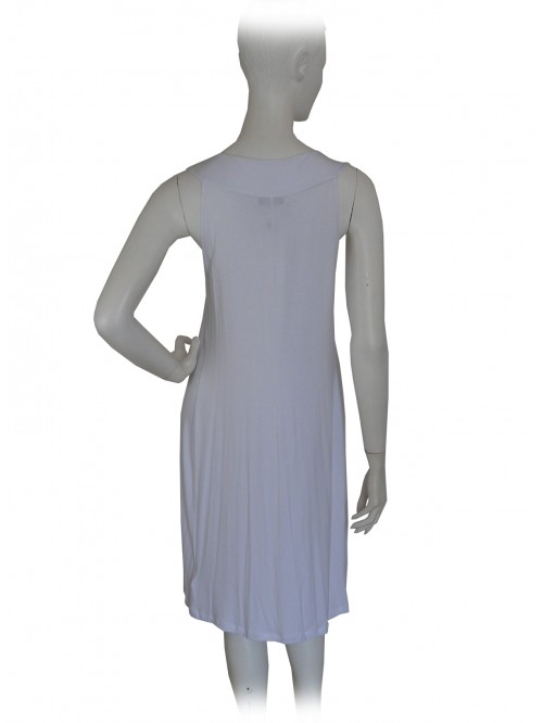 Woman sleeveless dress in jersey, neckline with stone inserts