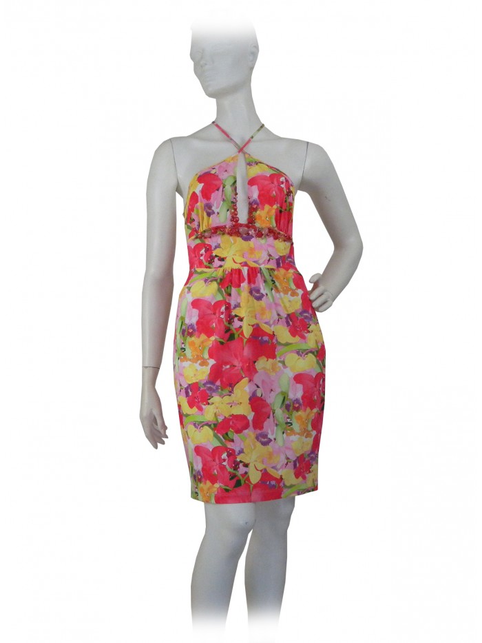 Vestito Donna con bretelle incrociate, fantasia floreale con inserti Vestito Donna con bretelle incrociate, fantasia floreale con inserti