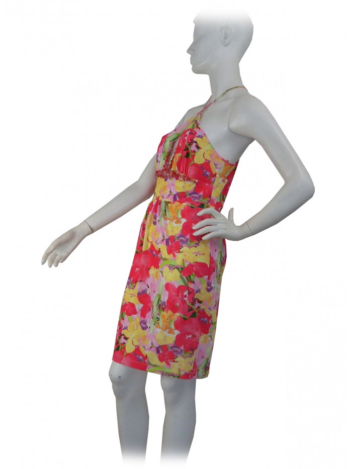 Vestito Donna con bretelle incrociate, fantasia floreale con inserti