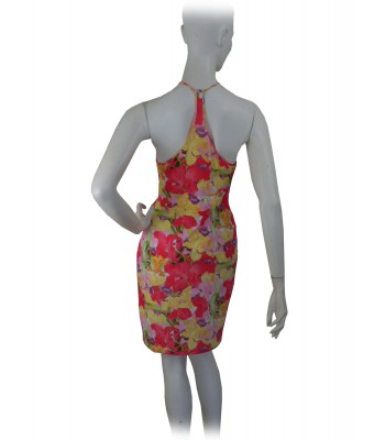 Woman dress with crossed braces, floral pattern with inserts 2