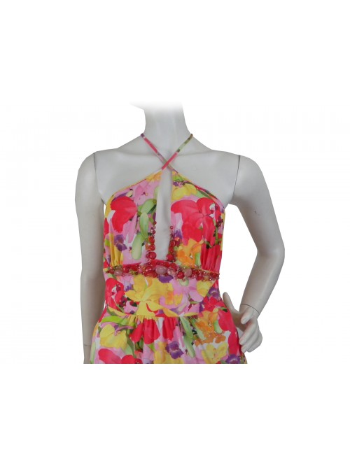 Woman dress with crossed braces, floral pattern with inserts