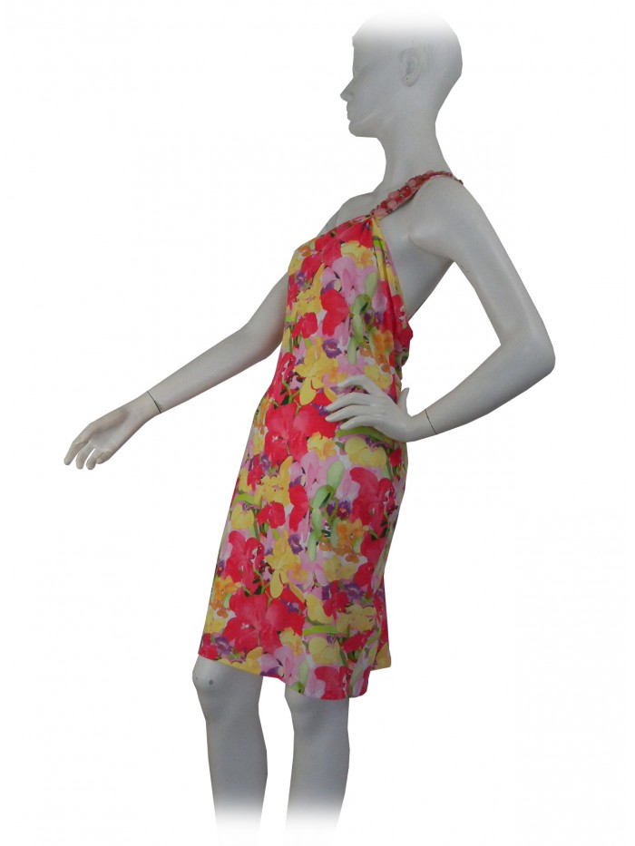 Woman dress with single shoulder strap, floral pattern with inserts