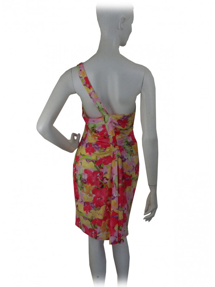 Woman dress with single shoulder strap, floral pattern with inserts