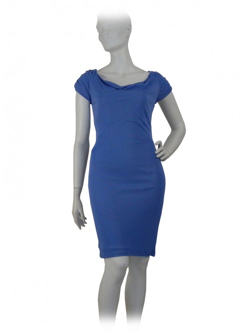 Woman dress with soft neckline, rhinestone inserts and beads 