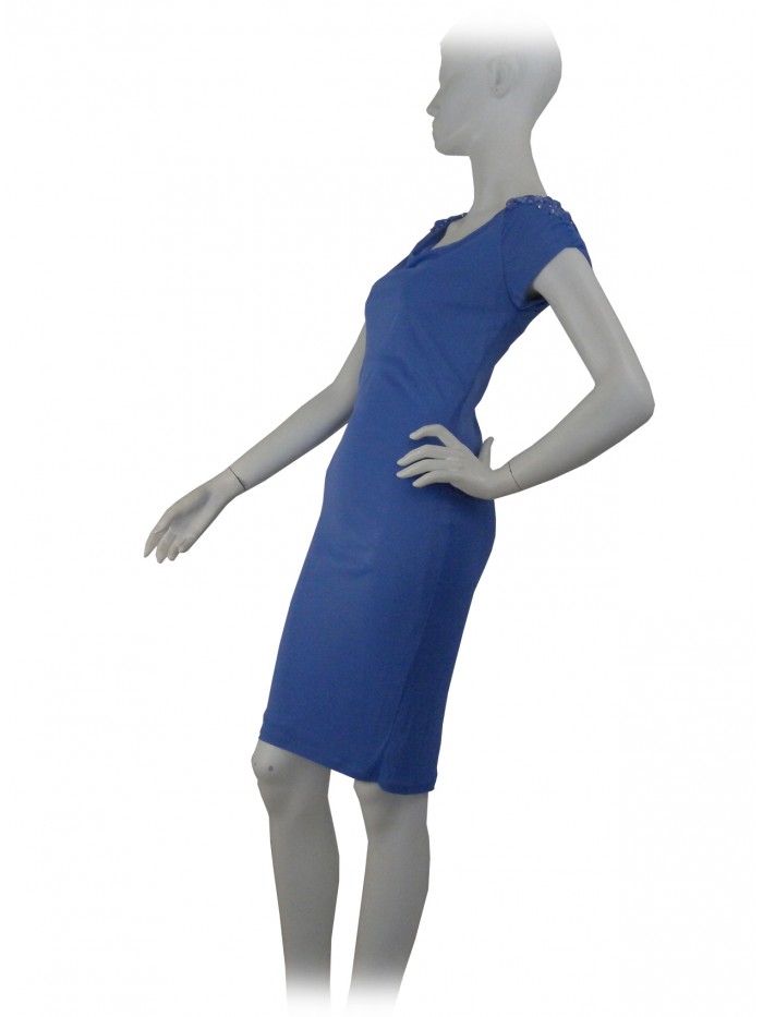 Woman dress with soft neckline, rhinestone inserts and beads 