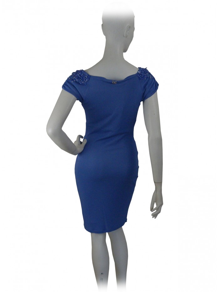 Woman dress with soft neckline, rhinestone inserts and beads 