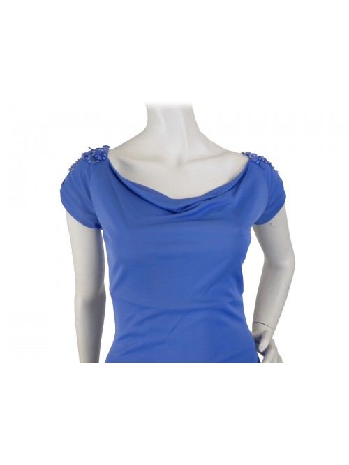 Woman dress with soft neckline, rhinestone inserts and beads 