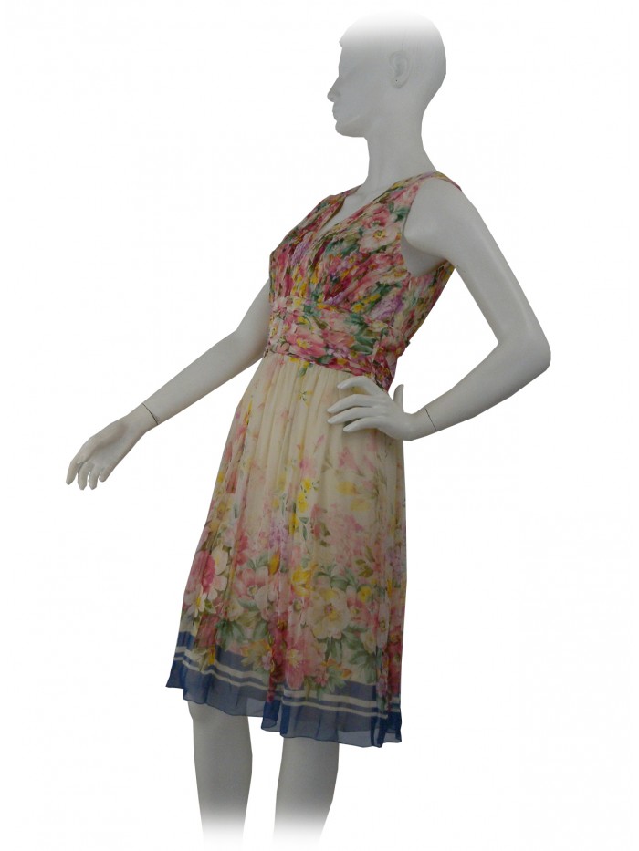 Vestito Donna smanicato con corpetto crespato e gonna arricciata, fantasia floreale.