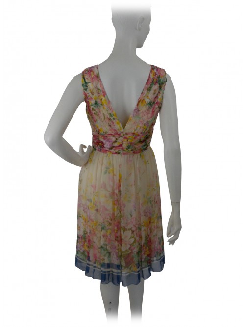 Vestito Donna smanicato con corpetto crespato e gonna arricciata, fantasia floreale.