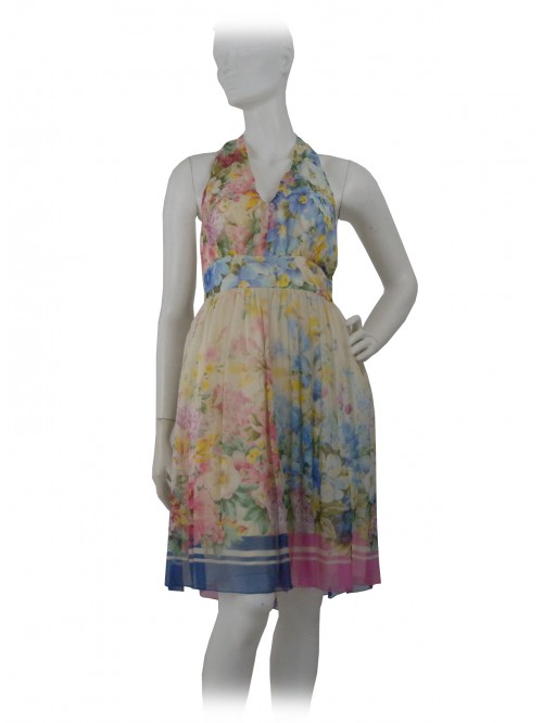 Sleeveless woman dress with creped bodice and gathered skirt