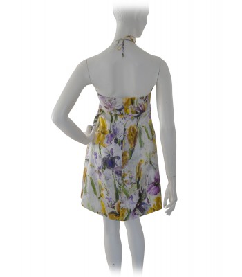 Woman dress with floral patterned pleats inserts stones and straps 2