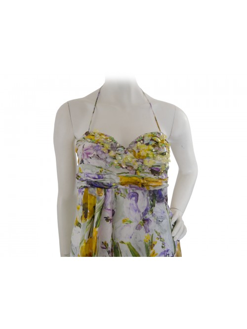 Vestito Donna con plissè fantasia floreale inserti pietre e bretelline