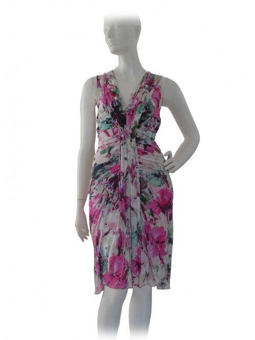 Woman dress in knit, V-neck with draped stone inserts Woman dress in knit, V-neck with draped stone inserts