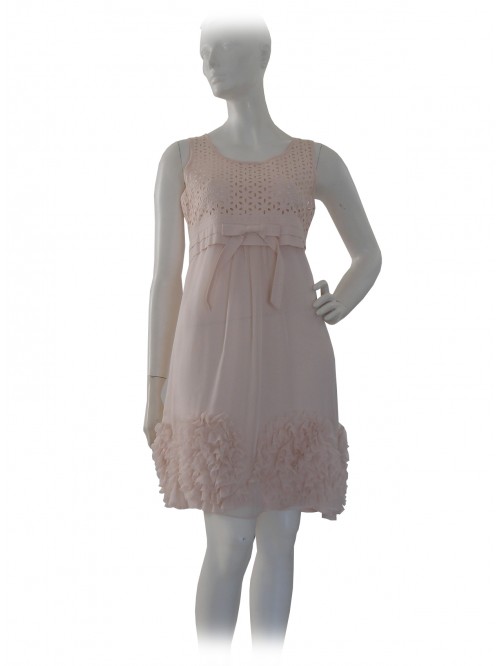 Vestito Donna smanicato con corpetto traforato, fiocchetto in vita Vestito Donna smanicato con corpetto traforato, fiocchetto in vita