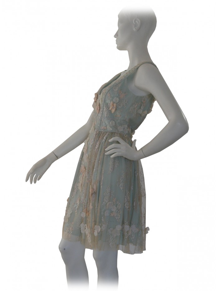 Vestito Donna elegante, pizzo con fiori applicati ecrù su verde