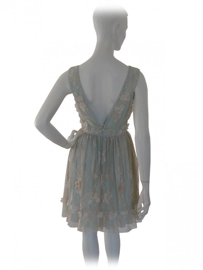 Vestito Donna elegante, pizzo con fiori applicati ecrù su verde