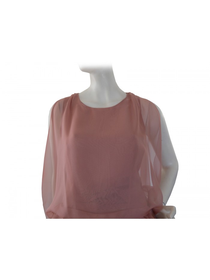 Elegant woman dress with sheer bodice and flounced skirt.