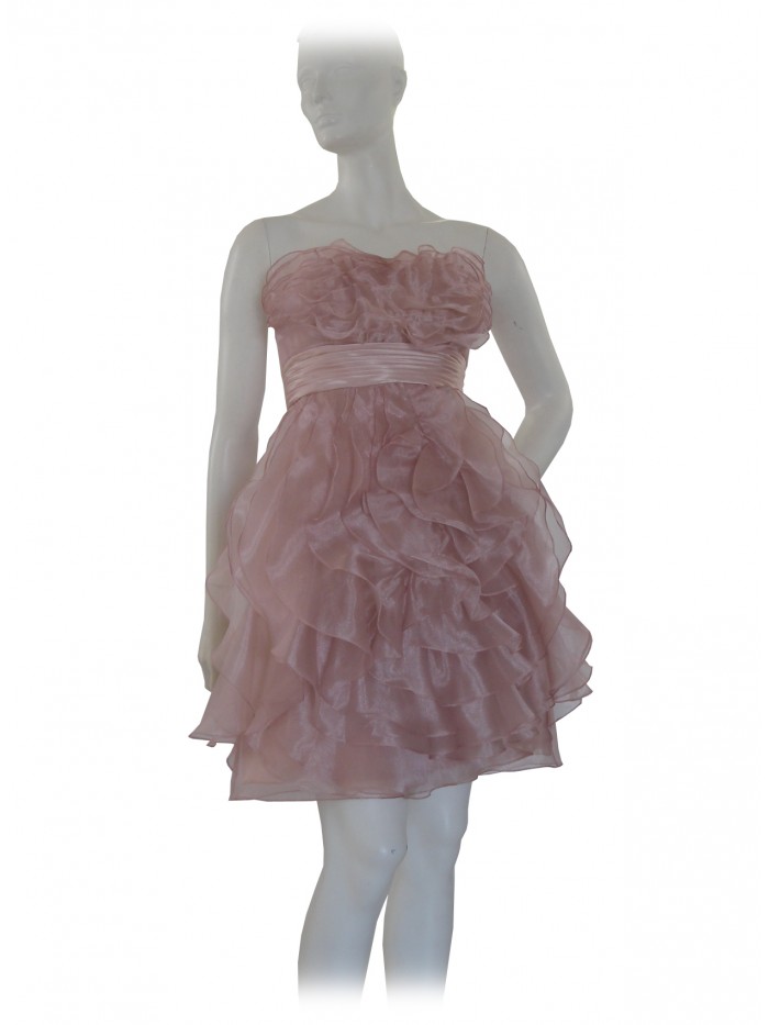 Elegant woman dress without straps, decorated with flounces Elegant woman dress without straps, decorated with flounces