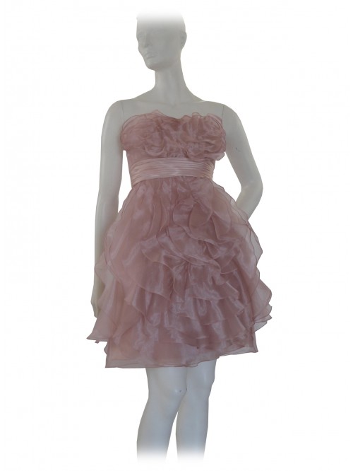 Vestito Donna elegante senza spalline decorato a balze di velo su tint Vestito Donna elegante senza spalline decorato a balze di velo su tint