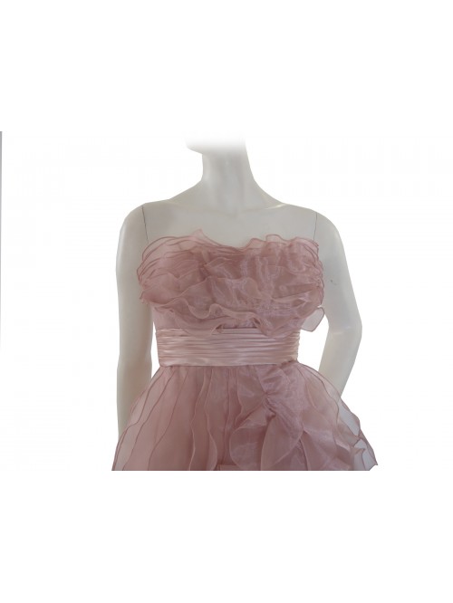 Vestito Donna elegante senza spalline decorato a balze di velo su tint