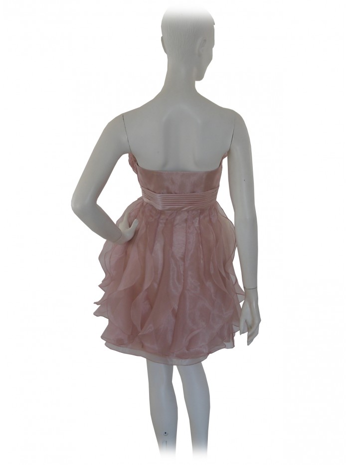 Vestito Donna elegante senza spalline decorato a balze di velo su tint