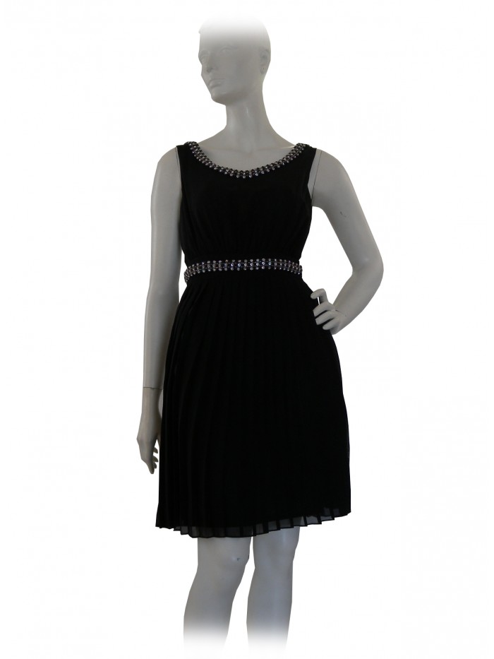 Vestito Donna smanicato con decoro paillettes al collo e in vita Vestito Donna smanicato con decoro paillettes al collo e in vita