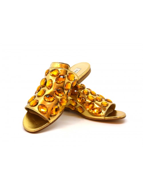 Perseus low model woman sandals with oval mirror jade stones