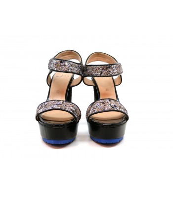 Women's Glitter Sandals printed pink-black on glossy paint, high heel 2