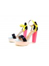 Woman sandals glossy fluo paint, high heel with white wedge.