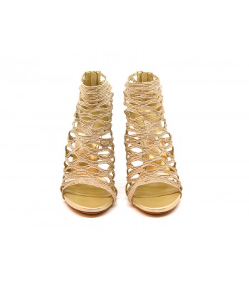 Women's sandals with 130mm heel with wrap-around net on gold color. 2