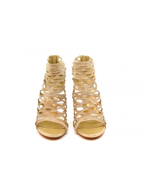 Women's sandals with 130mm heel with wrap-around net on gold color.