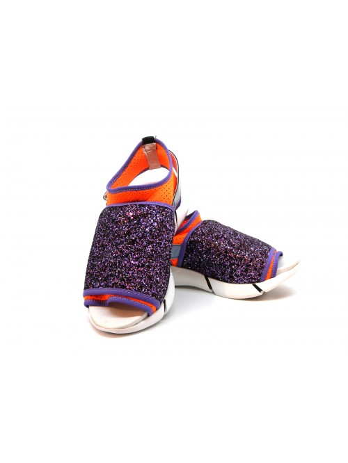 Women's sandals with rubber wedge, glitter on contrast elastic fabric