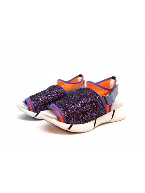 Women's sandals with rubber wedge, glitter on contrast elastic fabric