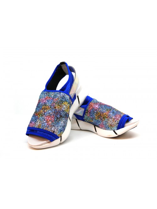 Women's sandals with rubber wedge, glitter on contrast elastic fabric