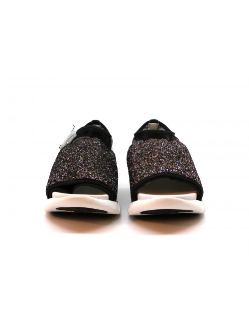 Sandali Donna con zeppa gomma, glitter su tessuto elastico