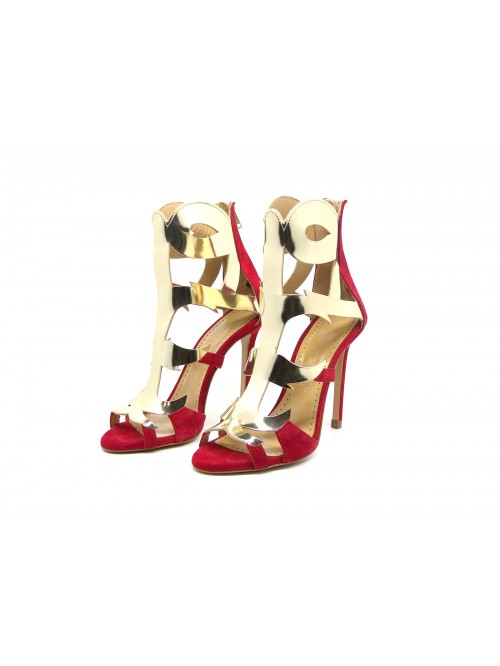 Woman sandals with 100mm red suede heel with glossy contrast Woman sandals with 100mm red suede heel with glossy contrast