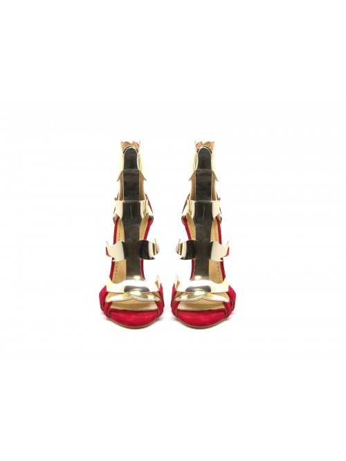 Woman sandals with 100mm red suede heel with glossy contrast