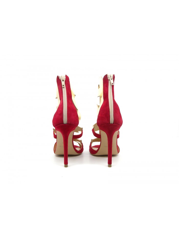 Woman sandals with 100mm red suede heel with glossy contrast