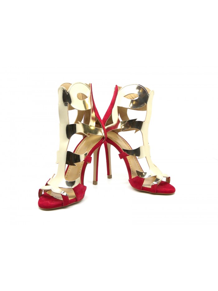 Woman sandals with 100mm red suede heel with glossy contrast