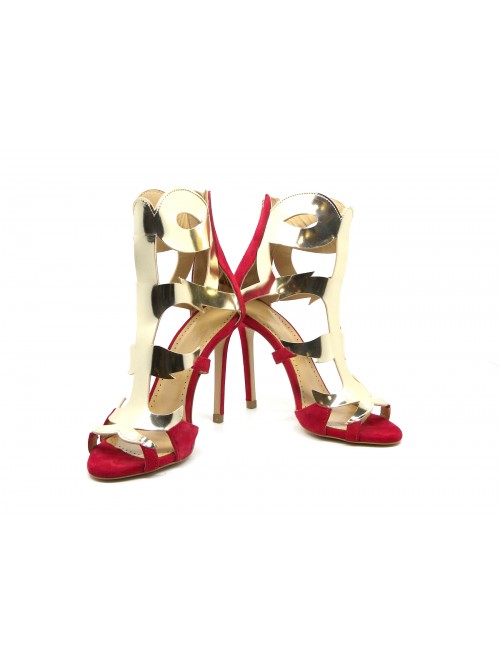 Woman sandals with 100mm red suede heel with glossy contrast