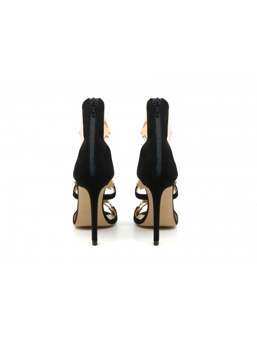 Women's sandals with 100mm black suede heel with glossy contrast