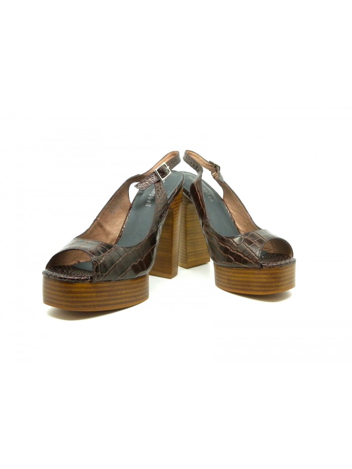 Sandali Donna con zeppa e tacco effetto legno striato, pelle croco calf.