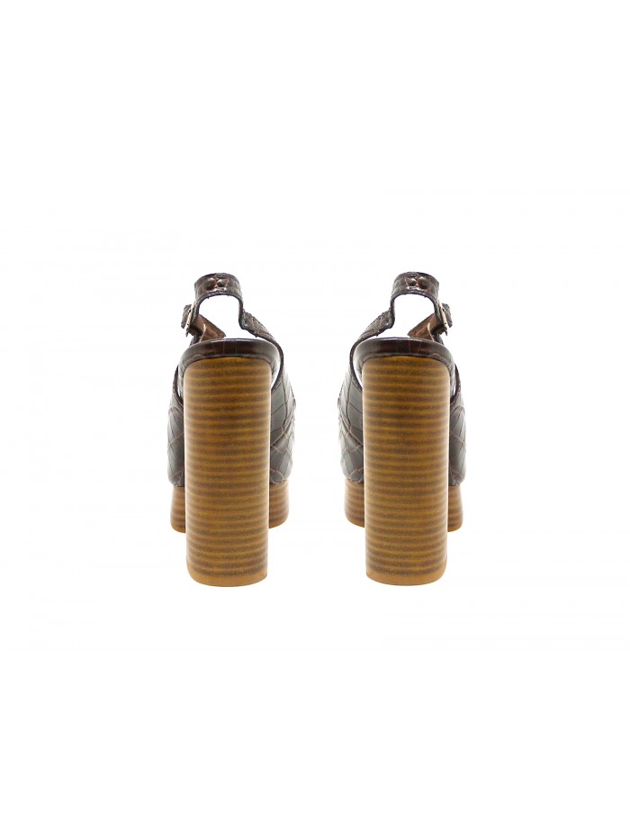 Sandali Donna con zeppa e tacco effetto legno striato, pelle croco calf.