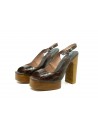 Women's sandals with wedge heel and striped wood effect, croco leather calf.