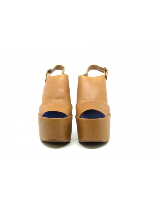 Sandali Donna con zeppa e tacco brown calf, pelle opaca.