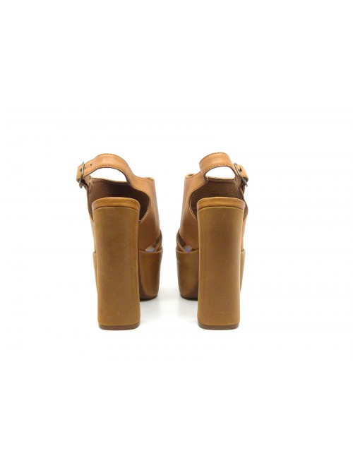 Sandali Donna con zeppa e tacco brown calf, pelle opaca.