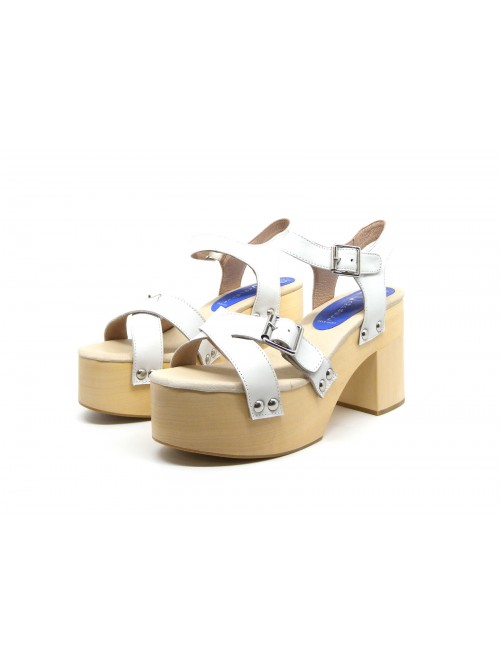 Sandali Donna Peasy White Calf con zeppa e tacco effetto legno chiaro Sandali Donna Peasy White Calf con zeppa e tacco effetto legno chiaro