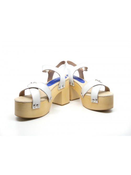 Sandali Donna Peasy White Calf con zeppa e tacco effetto legno chiaro
