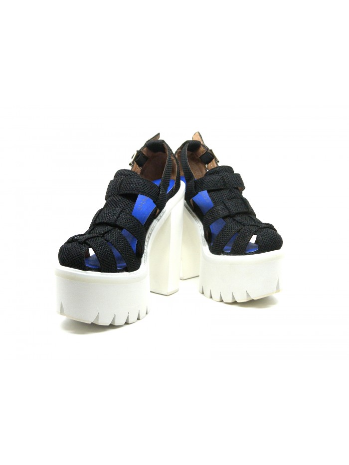 Black Mesh Woman sandals with wedge heel and white rubber heel, fabric