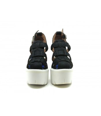 Sandali Donna Black Mesh con zeppa e tacco gomma bianca, tessuto 2